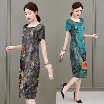 

Real Shot 2020 Summer New Plus Size Dress Women Printed Short Sleeve Round Neck Silk Elegant Dress Black Green Clothes