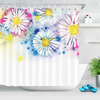 

Watercolor Floral Wild Chrysanthemum Fabric Shower Curtain Set Bathroom Decor