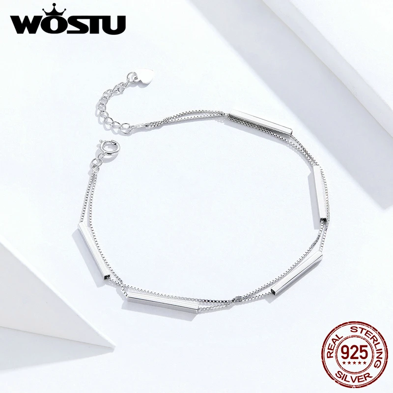 WOSTU Настоящее 925 пробы серебряный браслет Геометрия двойной слой звено цепи для женщин оригинальные браслеты Роскошные ювелирные изделия подарок CQB170