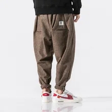Китайский Стиль, утолщённые, шерстяные штаны Для мужчин японский уличная штаны-шаровары в клетку штаны, мужские брюки в стиле «хип-хоп» для бега Для мужчин брюки SA-8