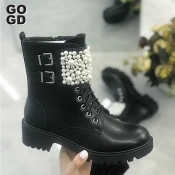 

[GOGD] Winter Women Bead Flat Zipper Ankle Boots Pearl Round Toe with Decoration