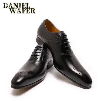 

LUXURY MEN OXFORD SHOES GENUINE LEATHER PRINTS BROWN BLACK LACE UP POINTED TOE OFFICE WEDDING DRESS FORMAL OXFORD SHOES FOR MEN