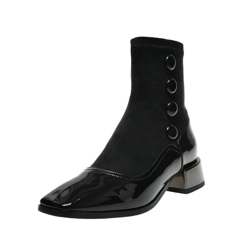 

Winter Quality Genuine Leather Warm Short Boots Female Party Office Shoes Woman Square Heels Punk Ankle Boots