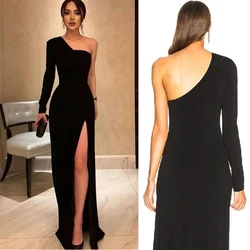 Simple One-Shoulder Side High Split Formal Long Prom DressSatin Black Mermaid Evening Dress Long Sleeves  فساتين السهرة Custom
