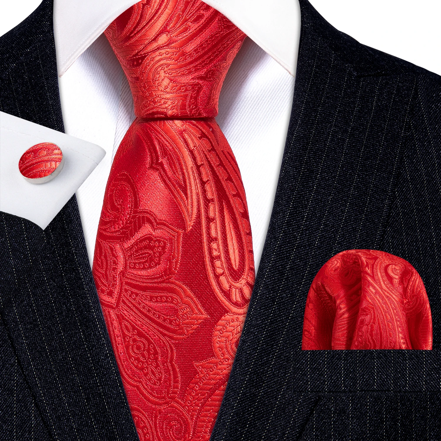 

Fashion Silk Red Paisley Men Tie Wedding Gift Barry.Wang Designer NeckTie Handkerchief Cufflinks Set Business Groom LN-5402