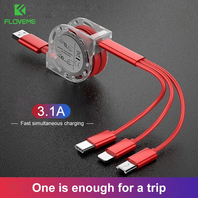 Cable de carga USB 3 en 1 para iPhone 12, Cable de carga portátil retráctil Micro USB tipo C para iPhone X 8 Samsung S9