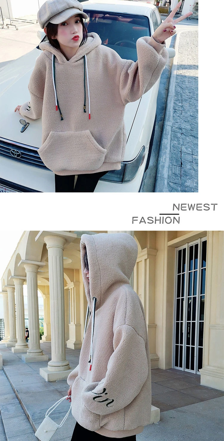 Faux Lambs Wool Hoodies Sweatshirts Women Hooded Long Sleeve Pocket Letter Autumn Winter Pullovers Warm Oversized Outwear W245