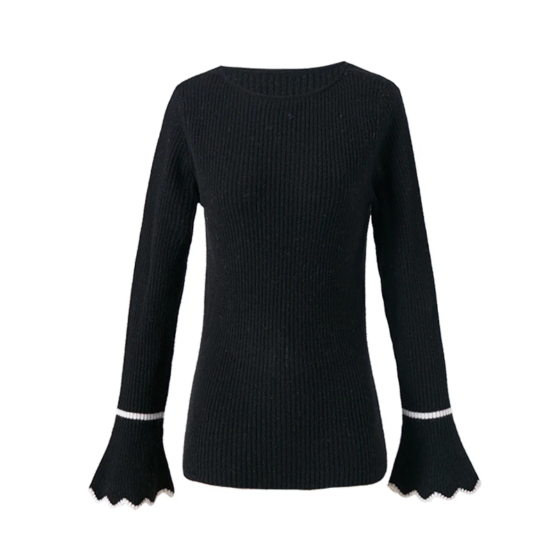 ARTKA Осень Зима женский свитер свитер из чистой шерсти с расклешенными рукавами и круглым вырезом пуловер шерстяные трикотажные свитера YB11792D - Color: Black