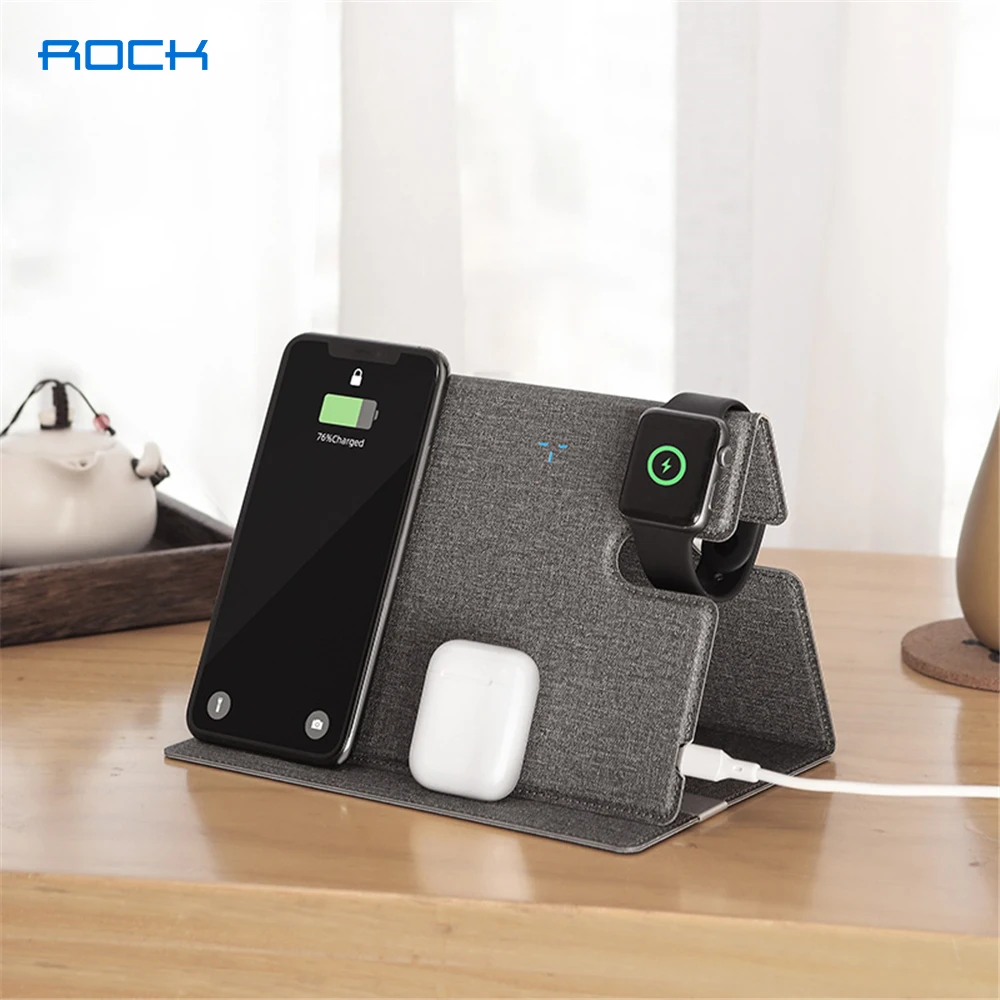 ROCK 10W Wireless Charger Pad for iPhone 12 11 Pro Max Samsung S20 PU Leather Wireless Charger Stand for Airpods Pro 2 1 iWatch