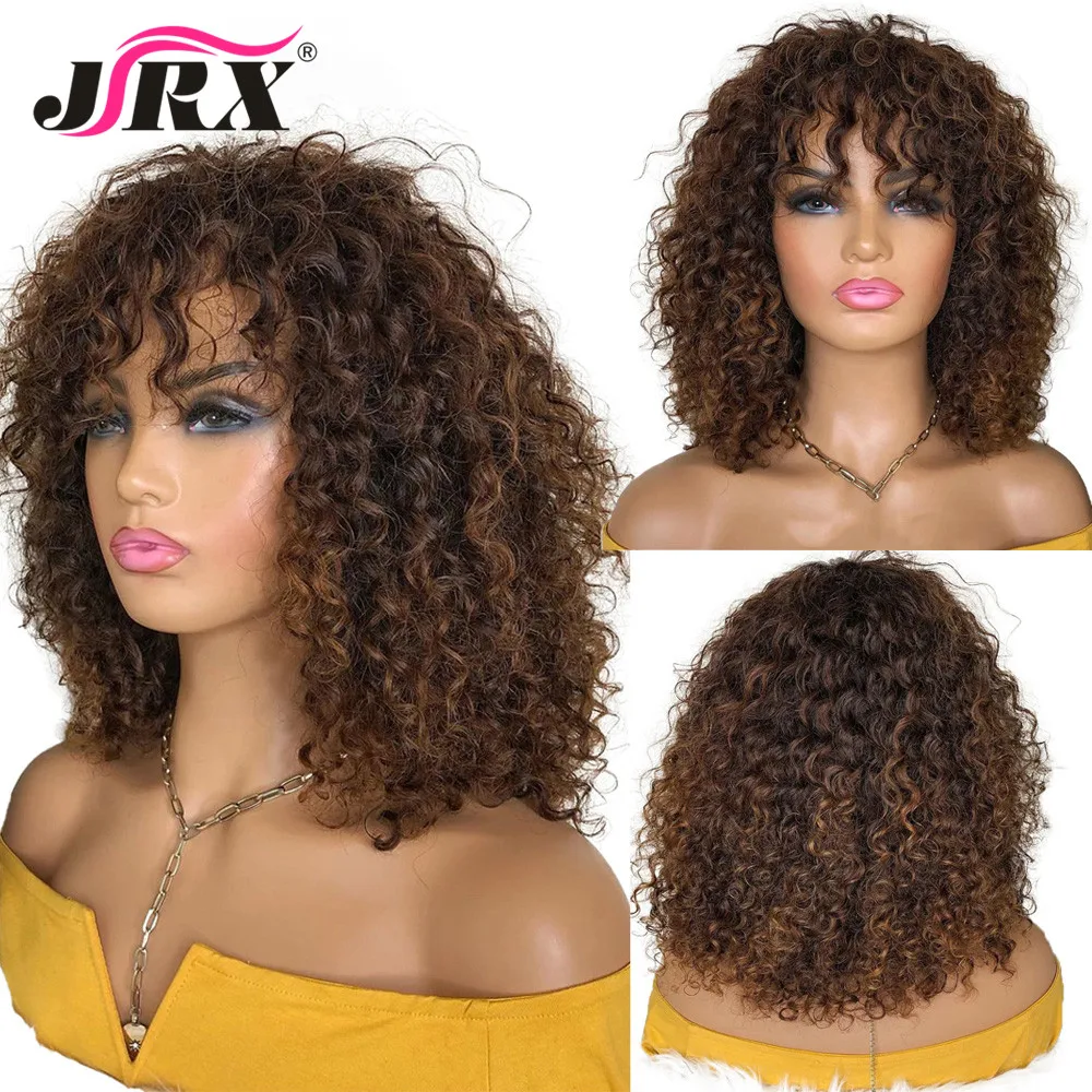 Highlight Brown Color Brazilian Curly Human Hair Wigs with Bangs 180% Density Deep Wave Glueless Machine Made Wigs for Women