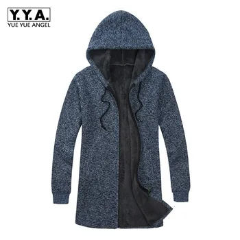 

Winter Casual Thick Fleece Lining Mens Medium Length Trench Coats Long Sleeve Knitting Male Hooded Coats Streetwear Plus Size