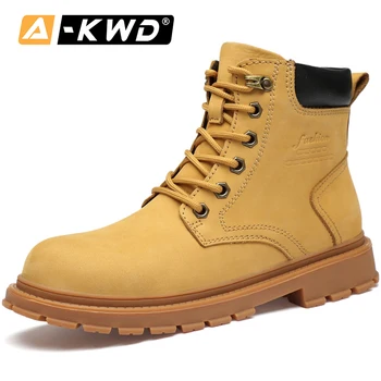 

2019 Fashion Yellow Men Snow Boots Genuine Leather Winter Men Boots Herenschoenen High Top Work Shoes Waterproof Boots Men 37-45