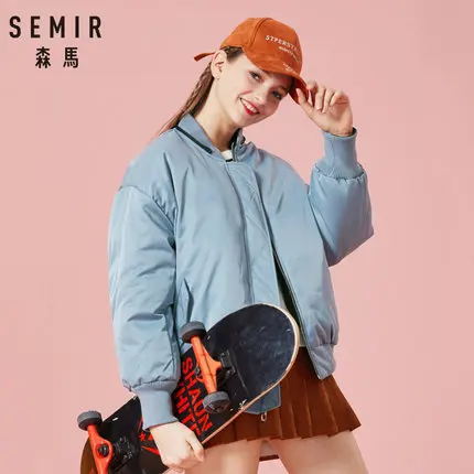 SEMIR Женская двусторонняя куртка-бомбер со съемным капюшоном на подкладке, куртка с капюшоном в рубчик, Бейсбольный воротник, манжеты и подол - Цвет: blue