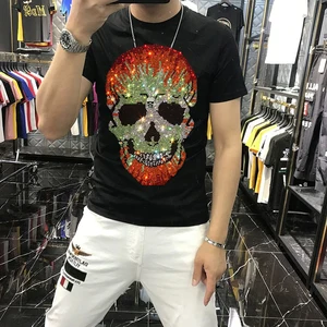 New Arrival Summer High Quality Men's T-Shirt Printing Hot Diamond Skull Loose Cotton All-Match Blouse Oversize