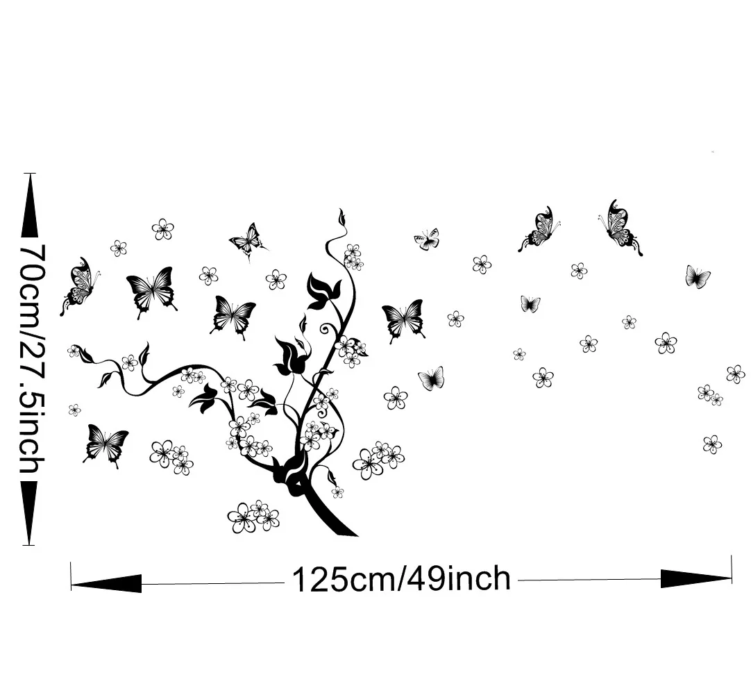 Yunzi yu 7005PVC Waterproof Three Generations European Style Pure Black Flower Vine to Send 10 Butterfly Background Decal Wall S
