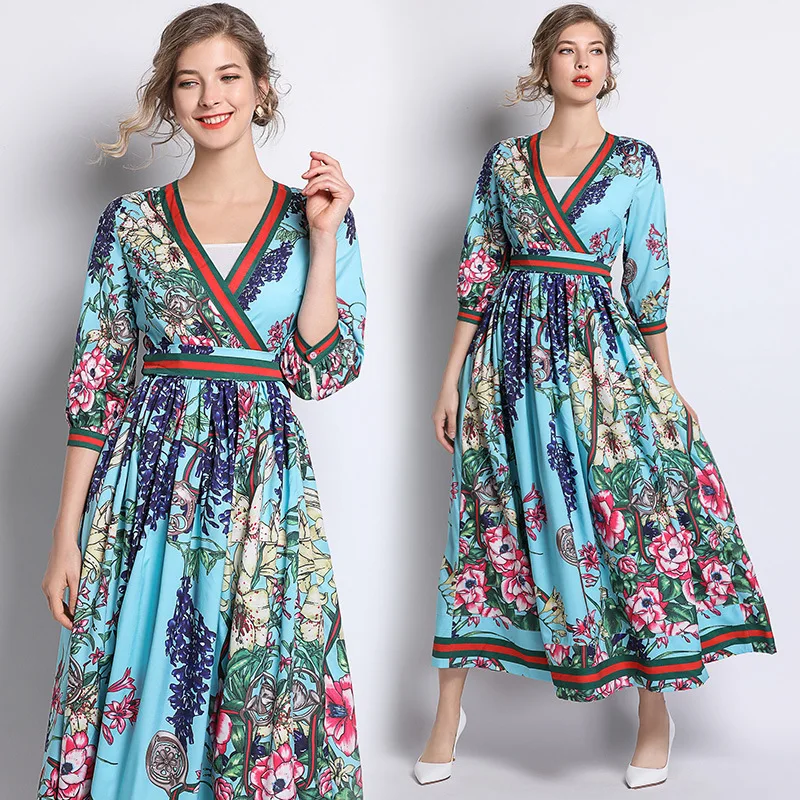 

2019 Spring New Style Europe And America WOMEN'S Dress V-neck Lace-up Waist Hugging Big Hemline Dress Waist Hugging Pleat Floral