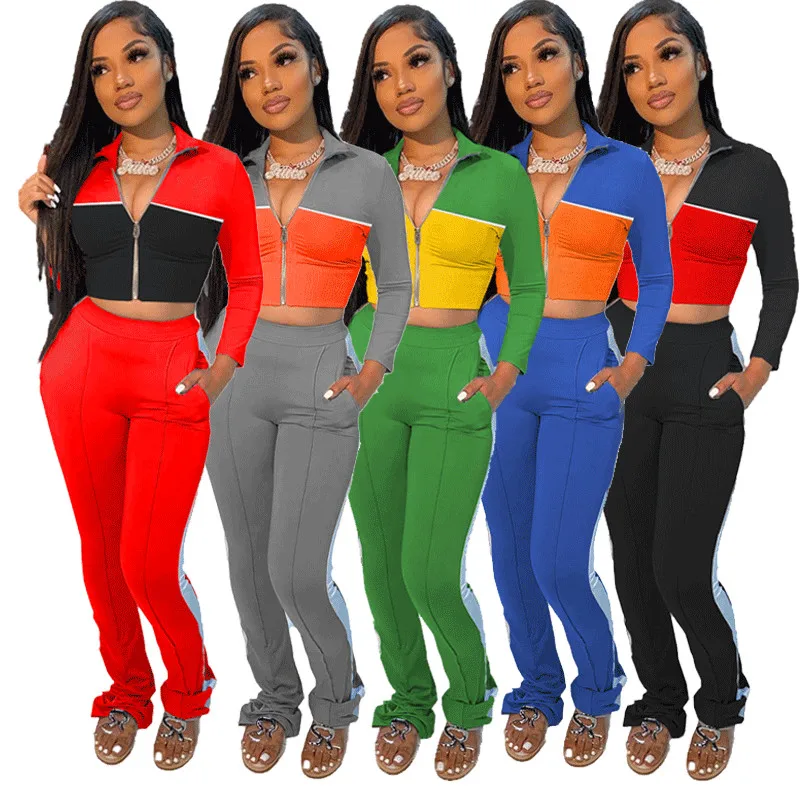 

2 Piece Set Women Fall Clothes Outfit Patchwork Bodycon Zip Top Lace Up Pocket Leggings Matching Set Wholesale Dropshipping 2020