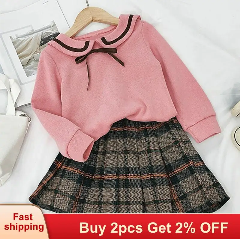 Autumn Kids Girl Princess Dress Plaid Coat Set Korean Child Outfits 3-8T