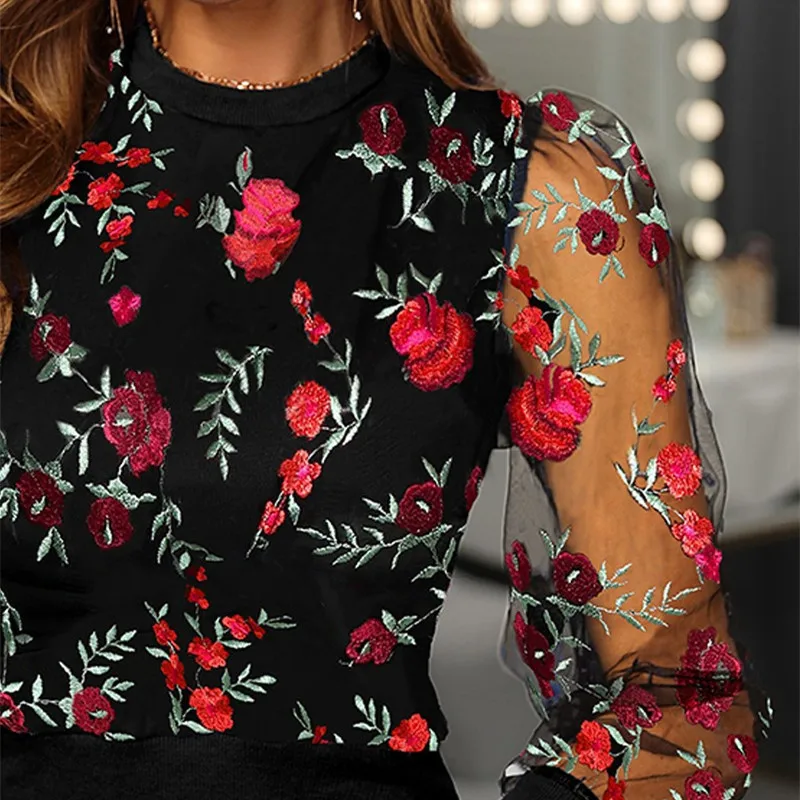 Sexy Women Spring Fall Embroidery Floral Shirt Blouses Tops OL Elegant Mesh See Through Puff Long Sleeve Shirt Patchwork Outwear Sexy Women Spring Fall Embroidery Floral Shirt Blouses Tops OL Elegant Mesh See Through Puff Long Sleeve Shirt Patchwork Outwear