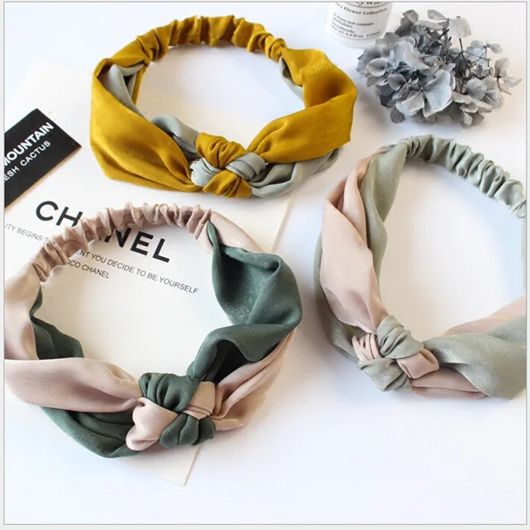 

New Style Double Color Joint Hair Band Chinese Knot Large Rims Cross Hair Band Models in Europe And America Satin Knot Headband