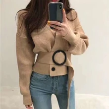 Autumn Winter Streetwear Women's Long Sleeve Cross V-Neck Knit Sweater With Belt 2020 Casual Fashion Double Breasted Slim Top