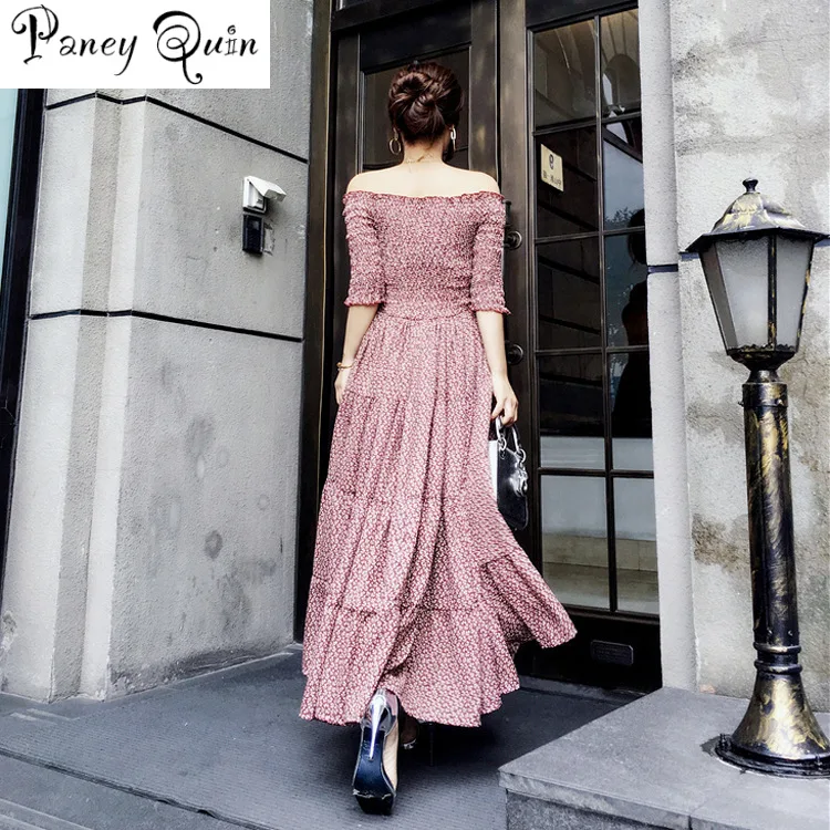 Новое пляжное богемное женское темпераментное платье с цветочным принтом, большое Свободное длинное платье макси vestidos с открытыми плечами, милое розовое платье