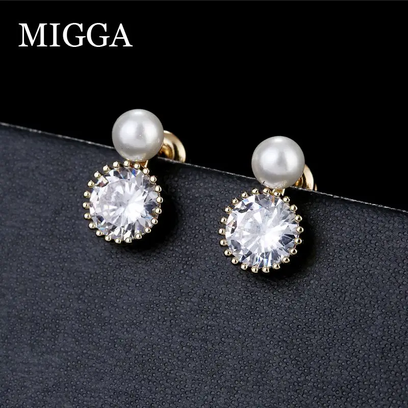 MIGGA Сияющий кубический циркон имитация жемчуга Серьги Золото Цвет CZ Кристалл Камень для женщин серьги гвоздики ювелирные изделия
