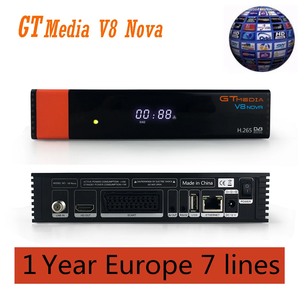 

Receptor Satellite Receiver Gtmedia V8 nova HD 1080P with 1 Years Europe 7 lines Built in Wifi H.265 DVB-S2 Box Spain tv