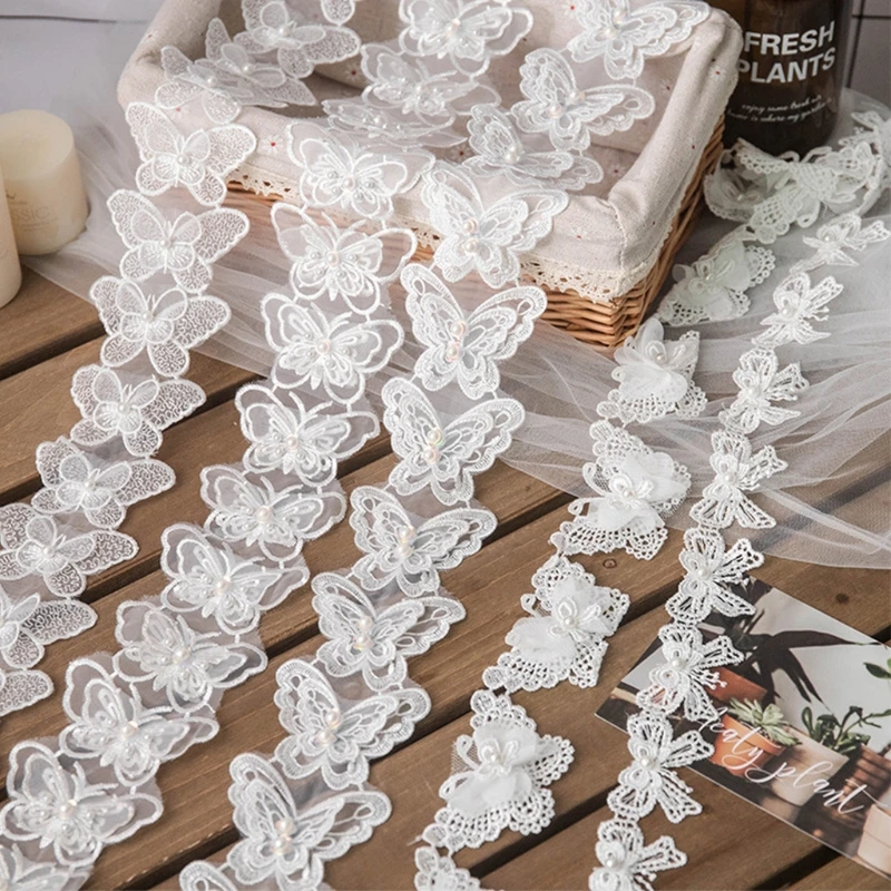 1 Yard Butterfly Embroidered Lace Trim Ribbon Pearl Beaded DIY Sewing Applique F3MD