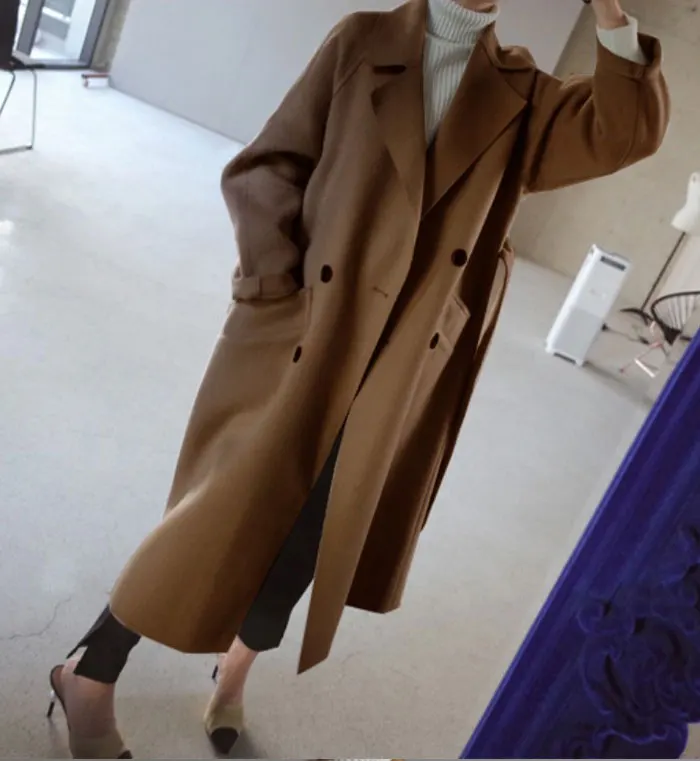 Зимнее пальто женское широкий лацкан и пояс карманное шерстяное пальто оверсайз длинное пальто шерстяное пальто женское