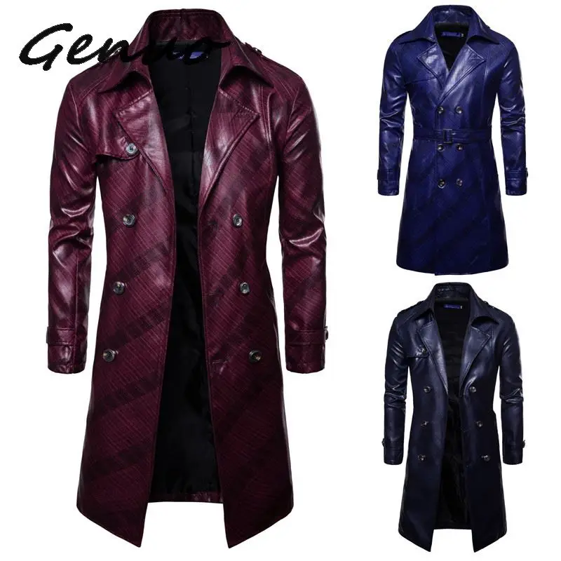 

Men Long Trench Coat 2019 New Fashion PU Leather Autumn Winter Long Overcoat British Double Breasted Slim Fit Male Coat Trench