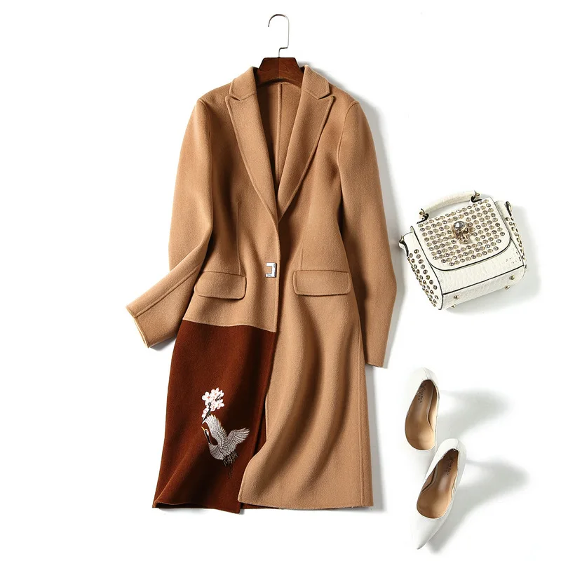 

Camel Double-Sided Cashmere Coat 2019 Autumn And Winter Korean-style Embroidered Mixed Colors Medium Length Slim Fit Woolen Jack