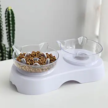 

Cat Feeder Double Bowl Transparent Plastic Pet Feeding Bowl Raised Bottom Cervical Spine Protection Bowl for Cats Small Dogs