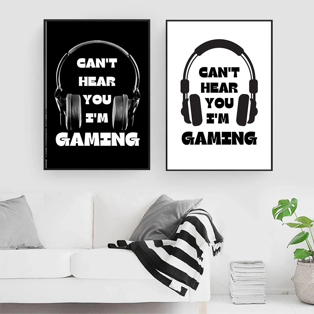 

Boys Bedroom Poster Game Print Can't Hear You I'm Gaming Quote Picture Black White Wall Art Canvas Painting for Kids Room Decor