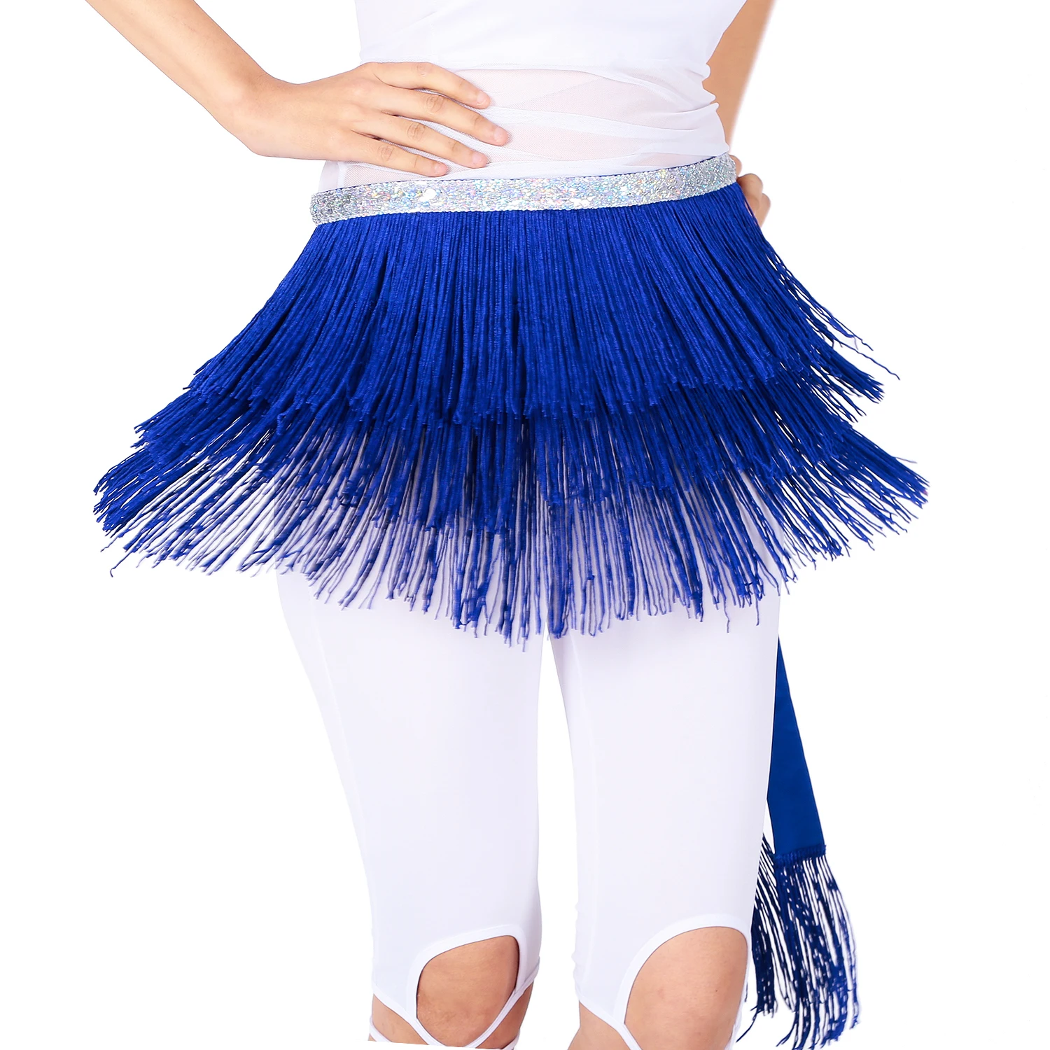 Belasa Falda de lentejuelas con borlas para danza del vientre 42W bufanda para club azul disfraz de playa faldas con flecos para mujeres y niñas 