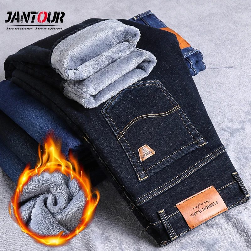 Jantour 2021 Men Warm Jeans Cotton High Quality Brand Autumn Winter Thick cotton Fleece Jean Long Trouser big size 40 | Мужская одежда