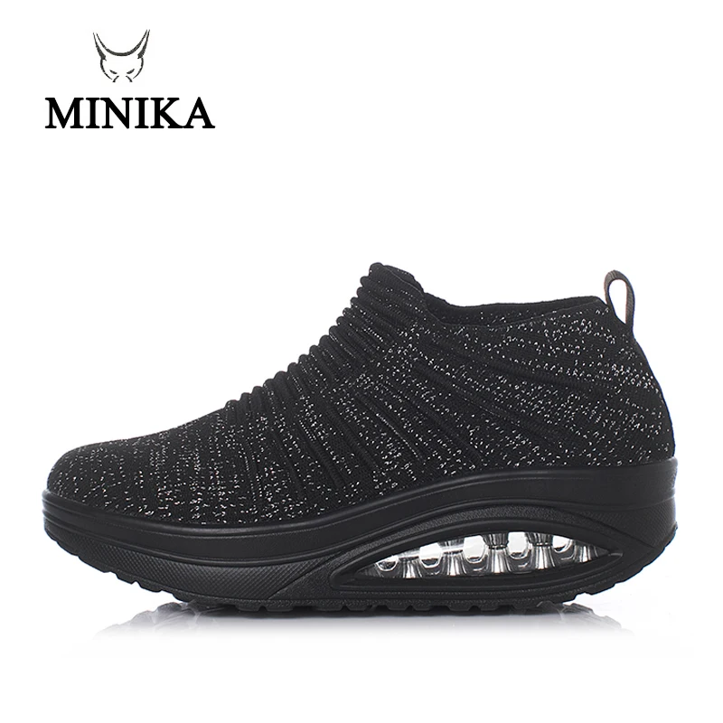 

Minika Women Slimming Shoes Fly Wire Air Slip-on Sneakers 2019 New Wedge Height Increasing Female Toning Swing Shoes