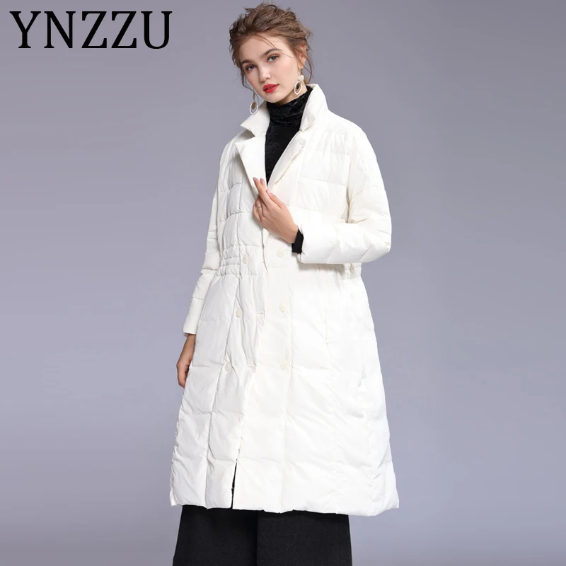

YNZZU 2019 Winter Jacket Women Elegant White Black Long Style Office Lady Duck Down Coat Double Breasted Fashion Outwear A1140