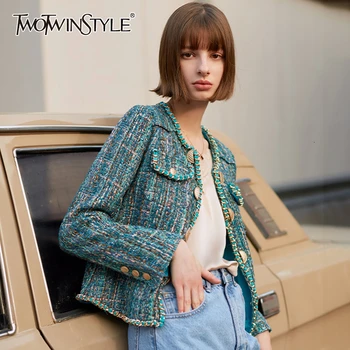 

TWOTWINSYLE Knitting Tweed Coats For Women O Neck Long Sleeve Hit Color Open Stitch Autumn Winter Jacket Female Fashion 2020 New