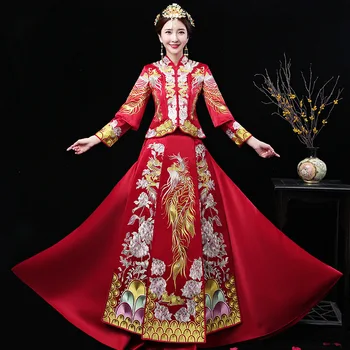 

Star Same Style Red Chinese Jurken Embroidery Dress Bride Marry Dragon Costume Cheongsam Wedding Qipao Robe Chinoise Oriental
