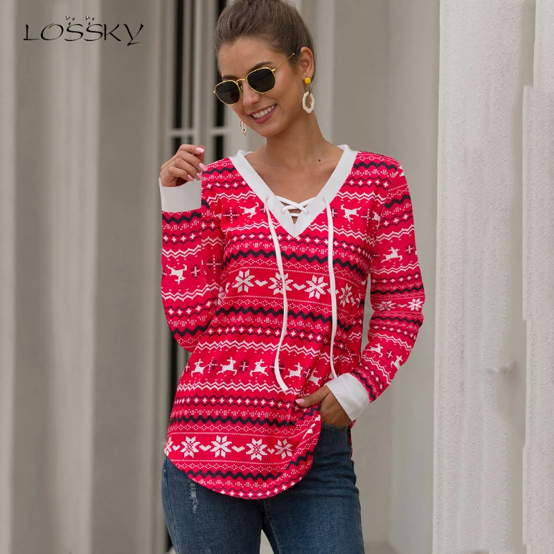 Lossky/футболки с рождественским принтом, женские футболки с длинным рукавом, на шнуровке, с v-образным вырезом, женские топы, Женская Осенняя повседневная одежда