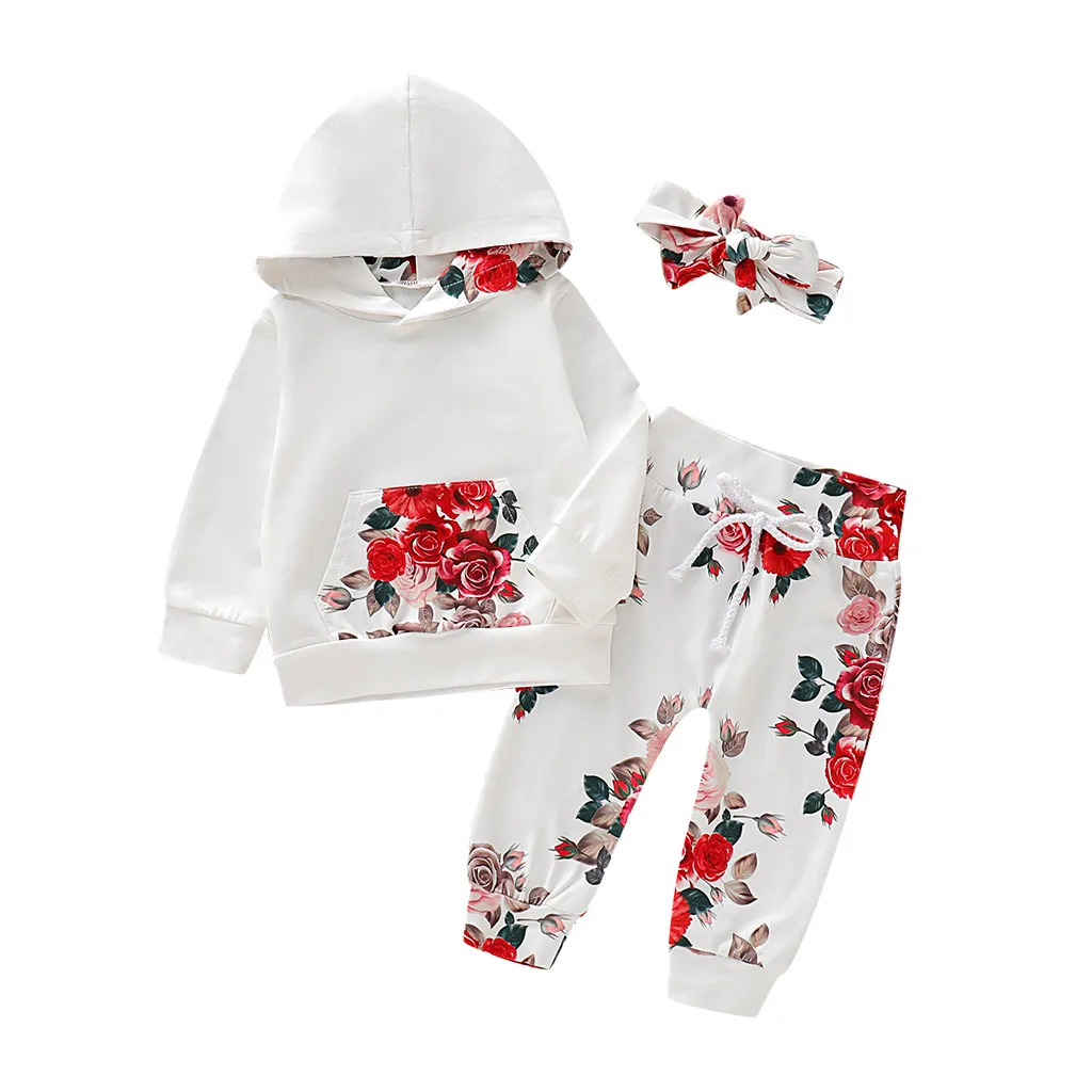 

Telotuny Baby Girl Floral Sweatshirt Hooded Set Baby Girl Floral Hooded with Pocket Sweatshirt Pants Outfits Set Sweater