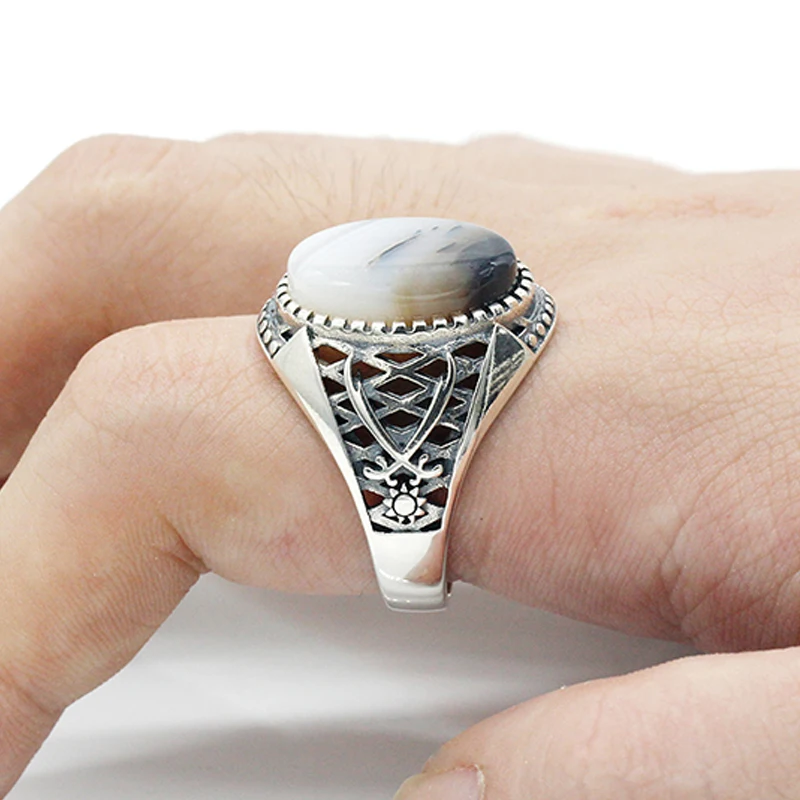 Men's Zulfiqar Sword Ring - Solid 925 Sterling Silver With Green Agate Stone, Handmade In Turkey - View #9