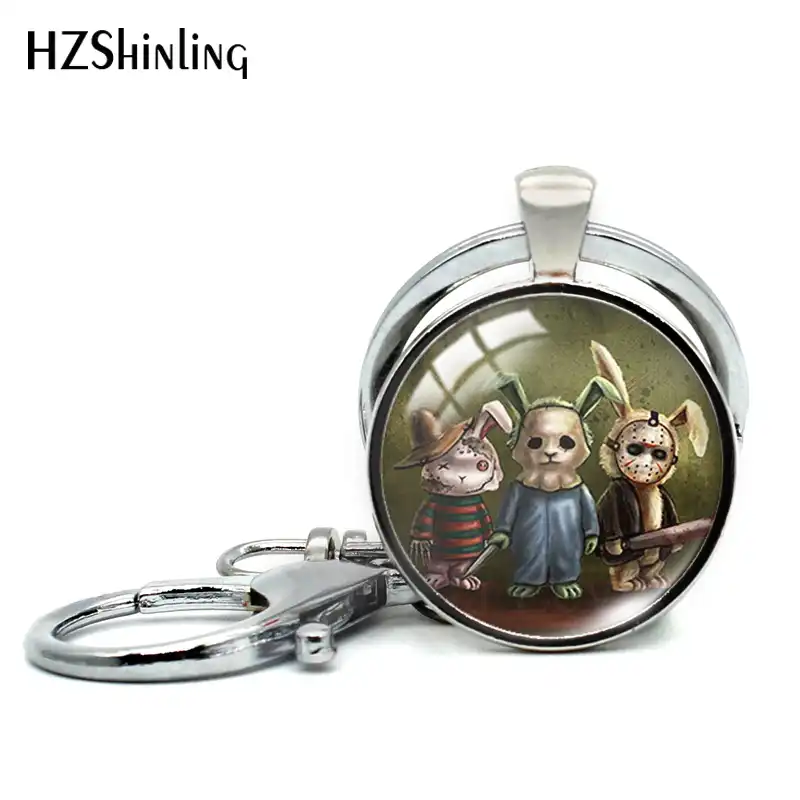 2019 nova cor de prata redonda chaveiro horror coelhos chaveiro coelho sem coração assustador horror coelho jóias moda chaveiro