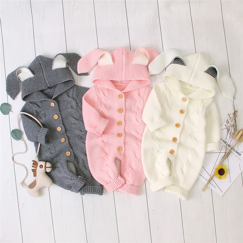 0-24M Autumn Winter Infant Kids Girls Boys Rompers Knit Solid Long Sleeve 3D Ears Hooded Jumpsuits Clothes