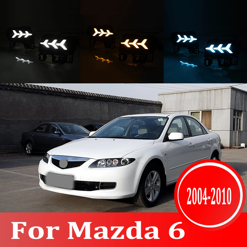 2 шт. для Mazda 6 2004-2010 Светодиодный дневной ходовой светильник DRL Автомобильная противотуманная фара 6000K белый поворотный Желтый поворотный синий светильник