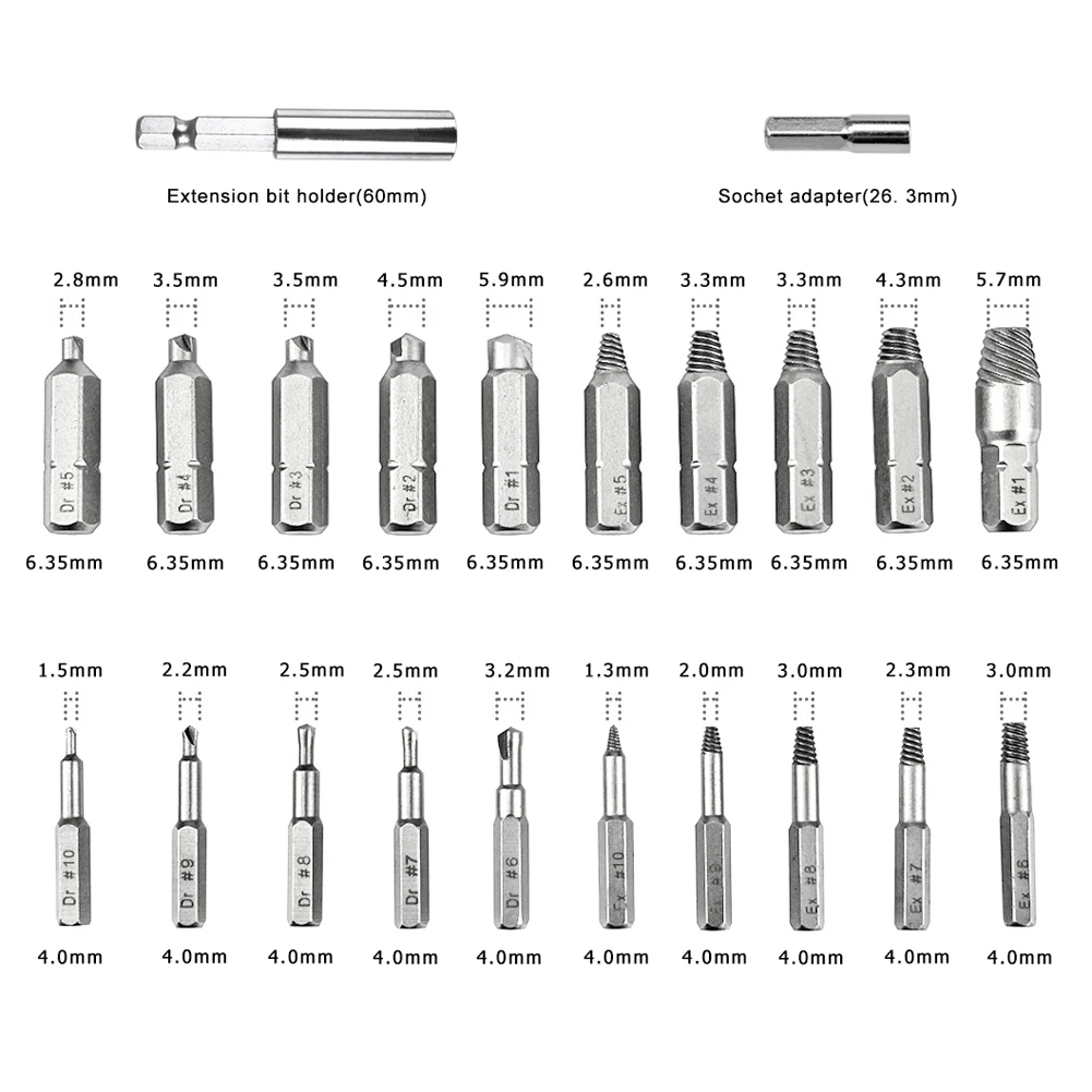 6/22 шт поврежденные разделенные Винт экстрактор набор сломанный болт экстрактор винт для удаления набор с держатель бит гнездо адаптер для промышленности