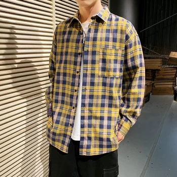 

personality Korean version of the trend of color matching plaid shirt men's casual hip hop loose long-sleeved shirt 5XL