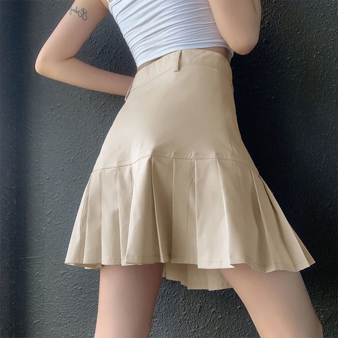 

Демисезонная стильная тонкая плиссированная Повседневная Женская юбка цвета хаки в студенческом стиле с высокой талией, трапециевидная юбка, привлекательная Короткая юбка для девушек