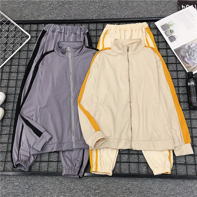 

Mooirue M-2xl Plus Size Women Two Piece Outfits Zipper Pockets Loose Coat Cardigan Elastic High Waist Pants Casul Harajuku Sets